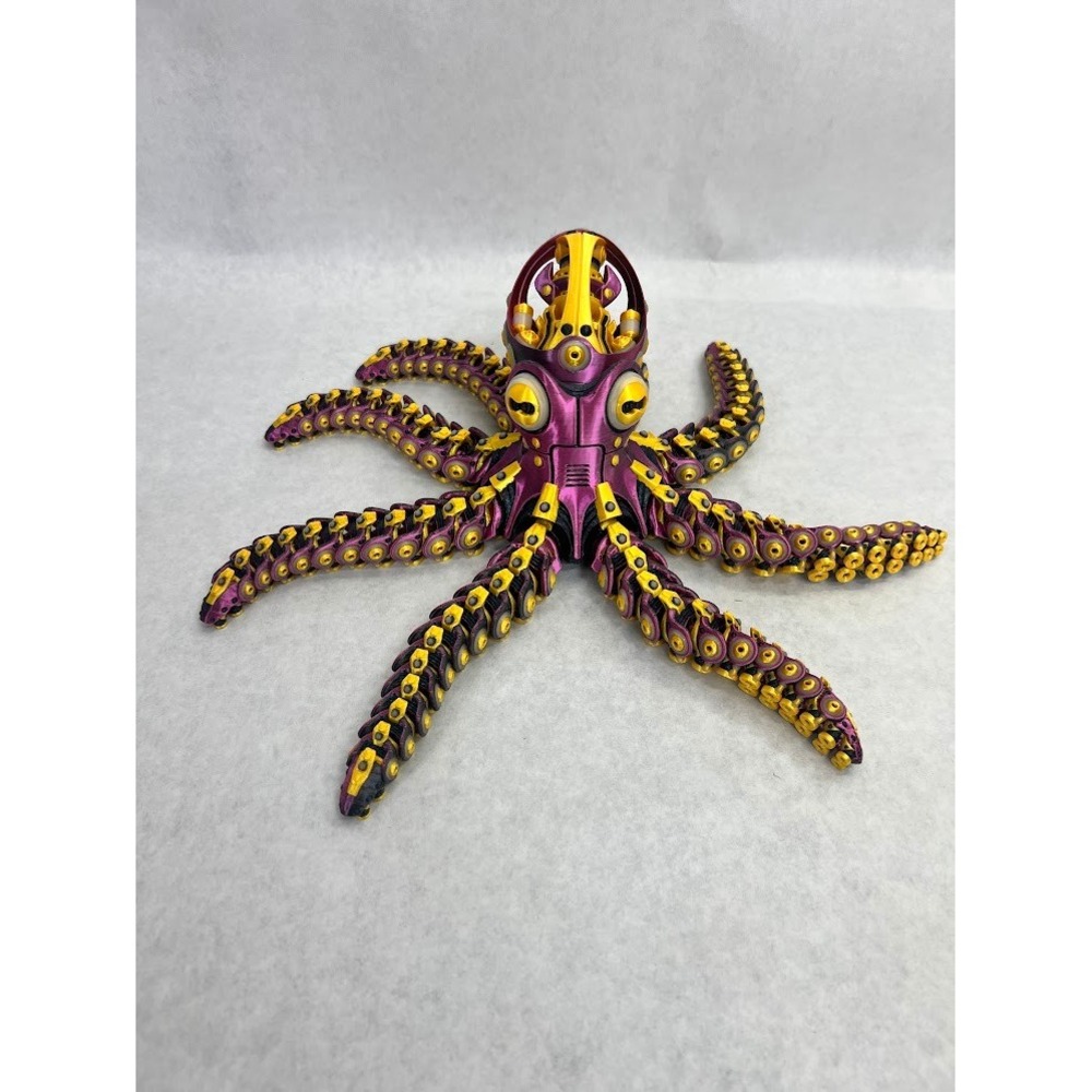 3D Printed Articulated Steampunk Octopus Figure Metallic Purple Gold Silk 8"